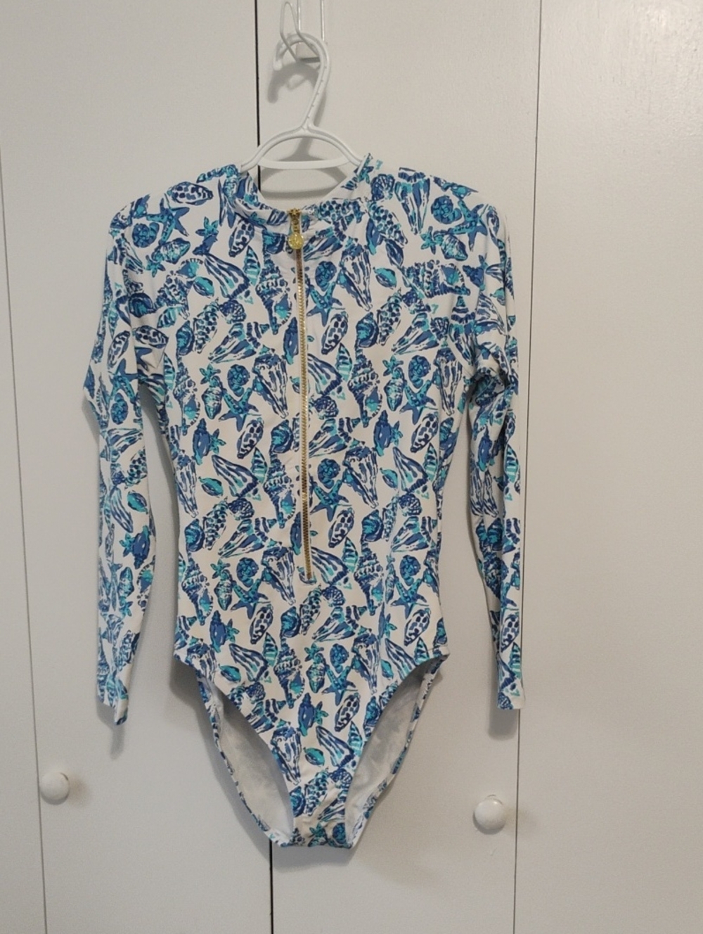 Lilly Pulitzer White One-Piece Swimsuit with Blue Shell Print and Gold Zipper